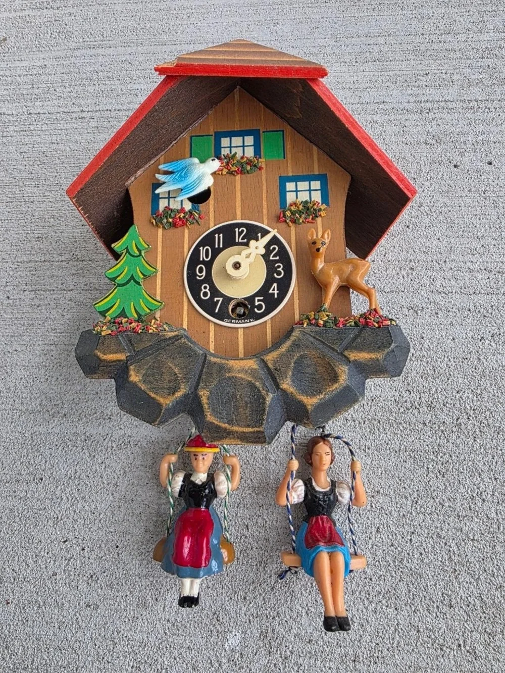 Vintage German Mini Cuckoo Clock Jengsler Made In Germany Swinging Figures Black